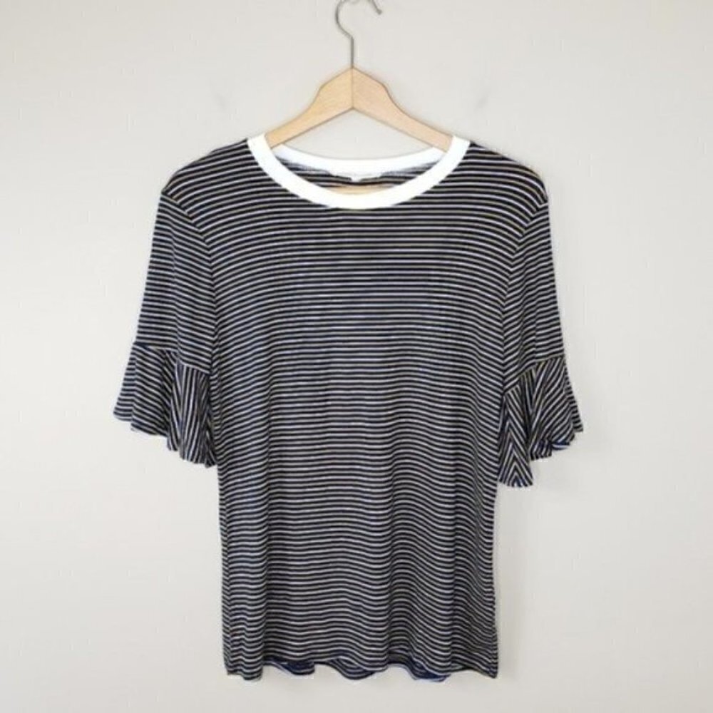 NWOT Lake Flower | Mustard Navy White Stripe Ruffle Sleeve Ringer Tee
